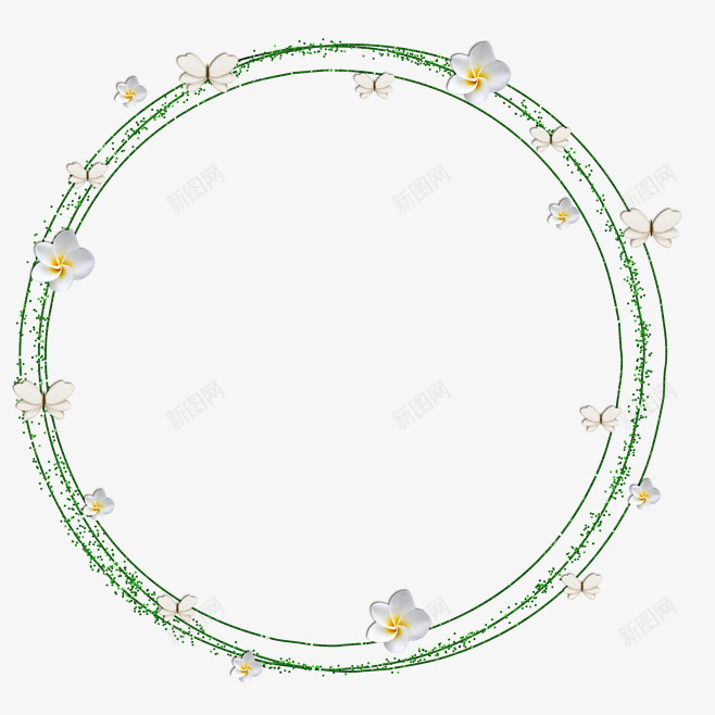 绿叶圆环白色花朵蝴蝶png免抠素材_新图网 https://ixintu.com 白色 绿叶 花朵 蝴蝶