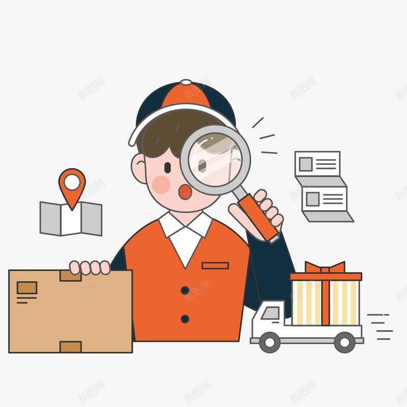 快递员运输卡通矢量图ai免抠素材_新图网 https://ixintu.com 卡通 快递员 手绘 放大镜 服装 简单 红色 车辆 矢量图