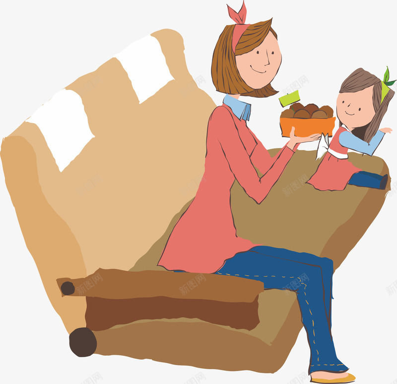 和妈妈坐一起的小孩png免抠素材_新图网 https://ixintu.com 卡通 吃零食 吃零食女孩 坐着的小孩 坐着的小朋友 女孩 沙发