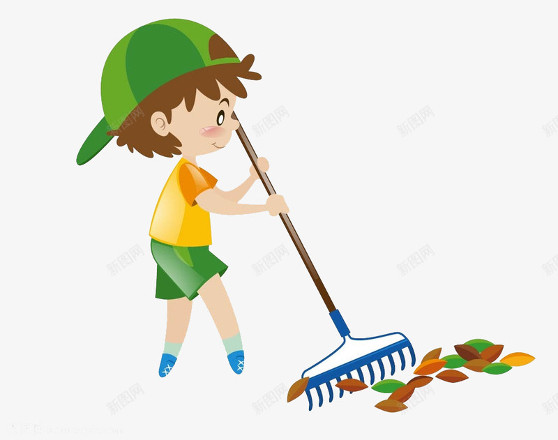 打扫树叶的小孩png免抠素材_新图网 https://ixintu.com 保洁卡通 卡通 帽子 干净 微笑 手绘 打扫 树叶 清洁 清洁阿姨