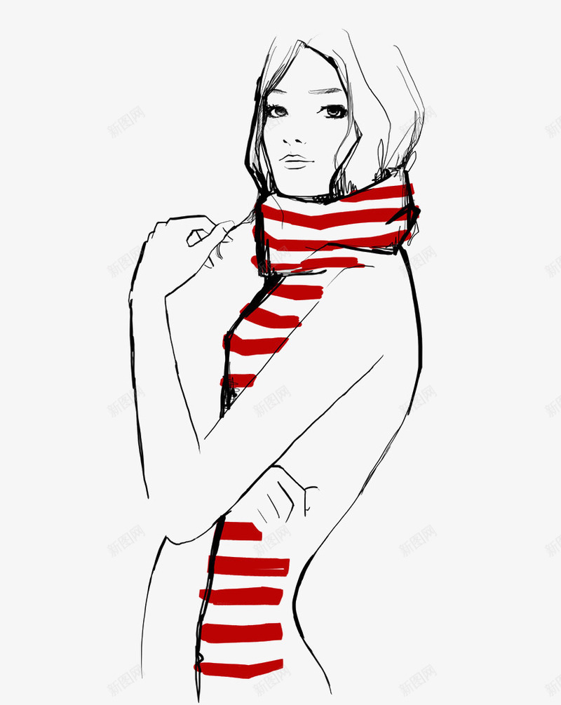卡通女孩png免抠素材_新图网 https://ixintu.com 围巾 女孩 时尚 条纹 简笔画 线条