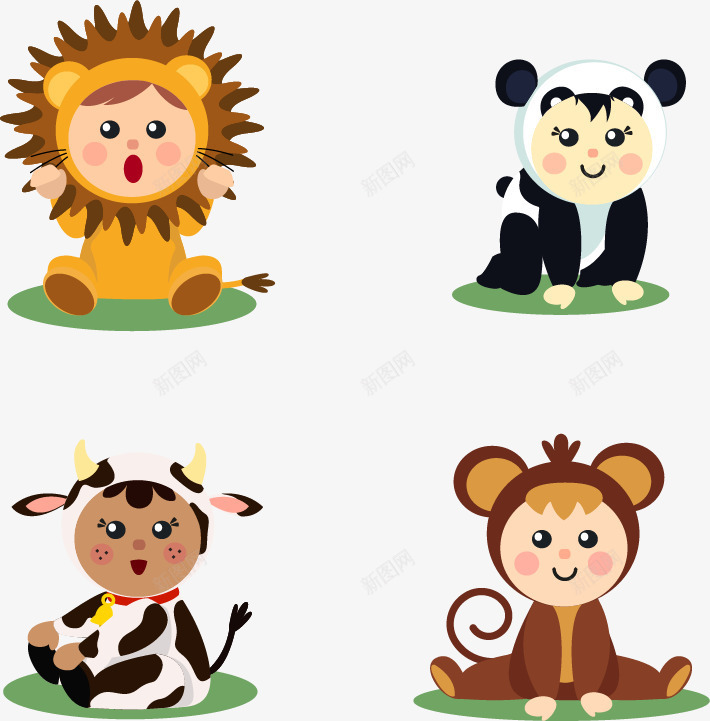 四个可爱婴儿动物矢量图eps免抠素材_新图网 https://ixintu.com 婴儿狮子 小奶牛 熊猫宝宝 猴子宝宝 矢量素材 矢量图