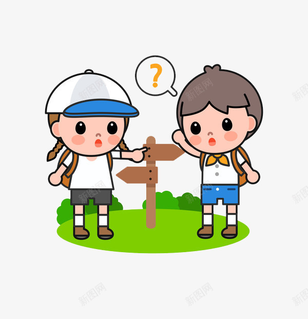 指路的小孩png免抠素材_新图网 https://ixintu.com 卡通 女孩 小孩 指路标 男孩 绿色的 迷茫的