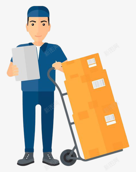 手绘运输推车png免抠素材_新图网 https://ixintu.com 卡通人物 快递 手绘 推车 搬动 搬箱子 搬运 箱子 运输