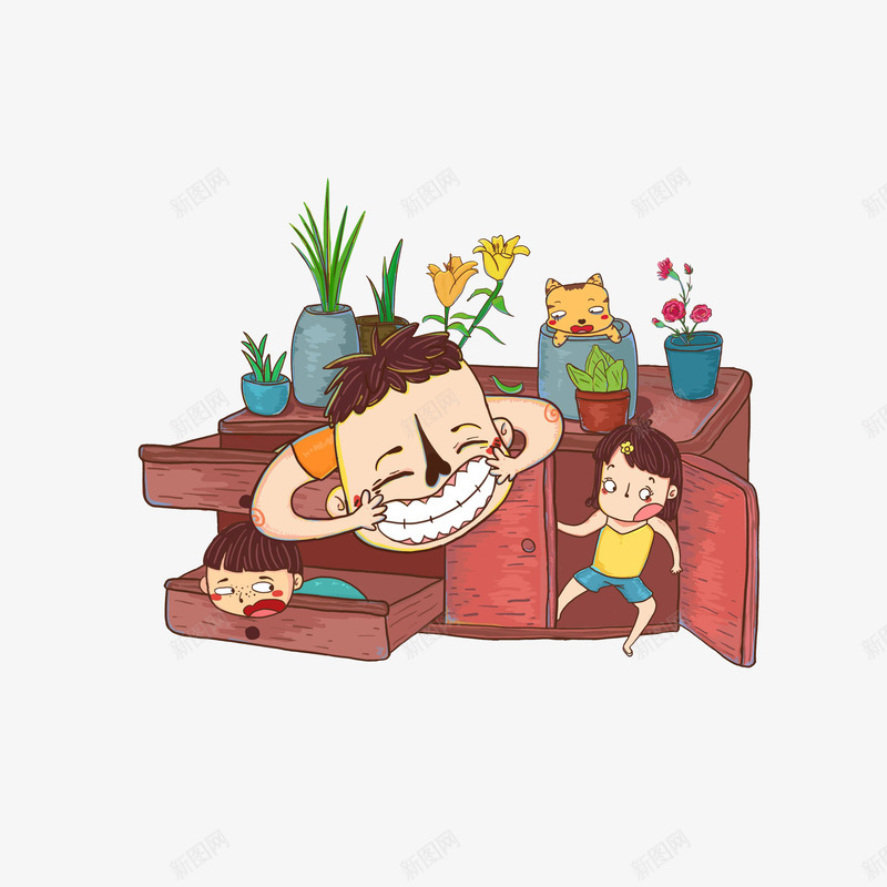 卡通在衣橱里玩捉迷藏的人png免抠素材_新图网 https://ixintu.com 卡通衣橱 小猫 玩捉迷藏 玩游戏 盆栽 衣橱里的小孩