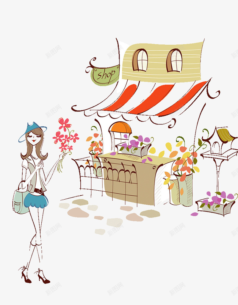买花的女孩png免抠素材_新图网 https://ixintu.com 插画 线描 花店