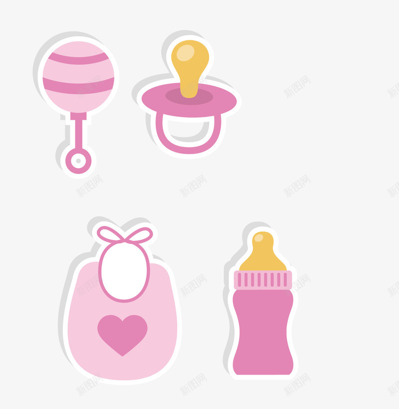 粉色婴儿用品矢量图ai免抠素材_新图网 https://ixintu.com 口水带 奶嘴 奶瓶 婴儿用品 粉色 背景装饰 矢量图