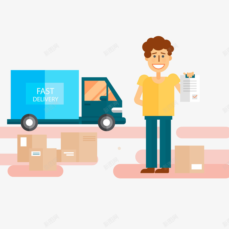 扁平化送货中的快递员png免抠素材_新图网 https://ixintu.com 卡通男子 快递员 背景装饰 蓝色货车 送货