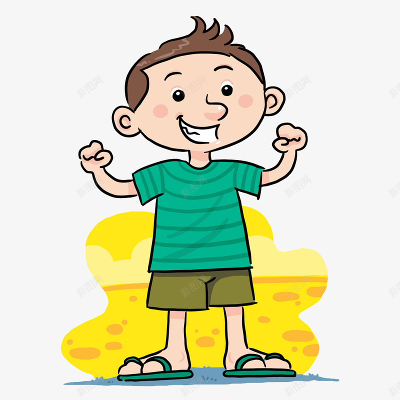 手绘小男孩png免抠素材_新图网 https://ixintu.com 卡通 可爱 小孩子 小男孩 微笑 手绘 沙滩 海边 照相的男孩