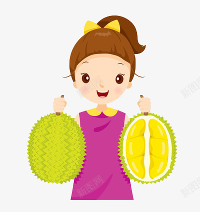 卡通女孩拿着榴莲png免抠素材_新图网 https://ixintu.com 水果 热带 送礼