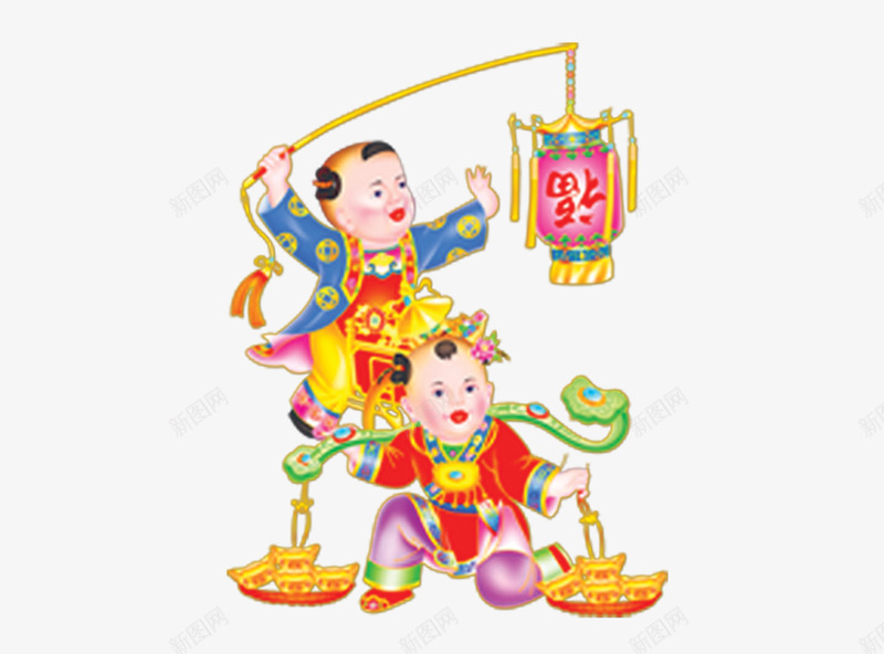 年画娃娃png免抠素材_新图网 https://ixintu.com 娃娃 年娃娃 年画 灯笼 玉如意 福娃 窗贴 过年