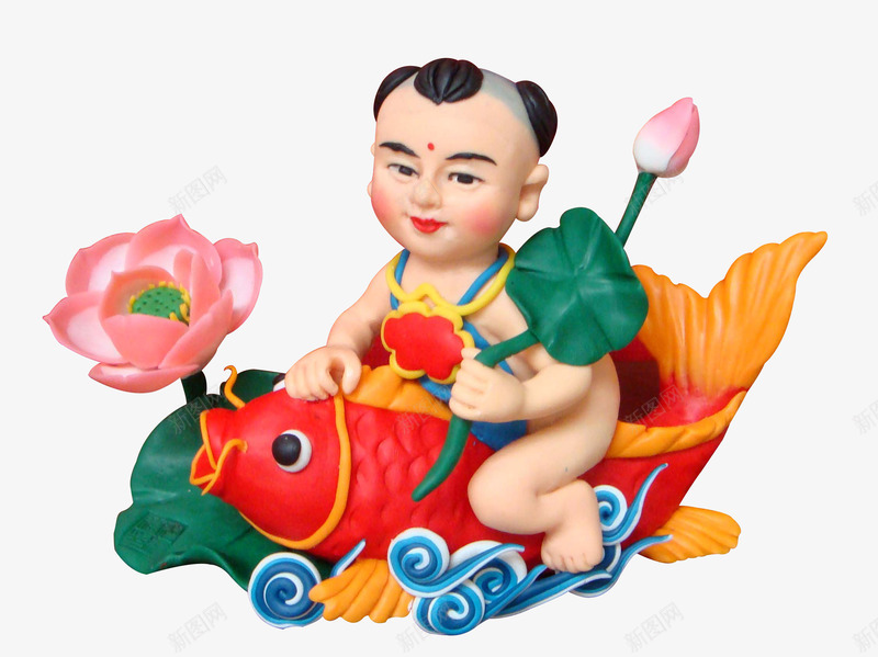 面塑小孩骑鲤鱼png免抠素材_新图网 https://ixintu.com 工艺品 民间传统工艺 面塑 面塑小孩 面塑工艺品