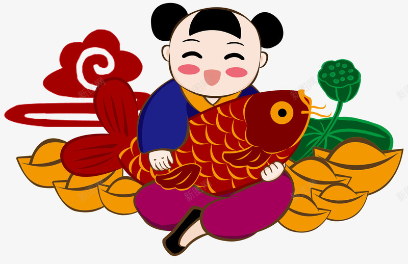 卡通装饰年画娃娃png免抠素材_新图网 https://ixintu.com 卡通手绘 年年有余 插画 新年 装饰图案 过年
