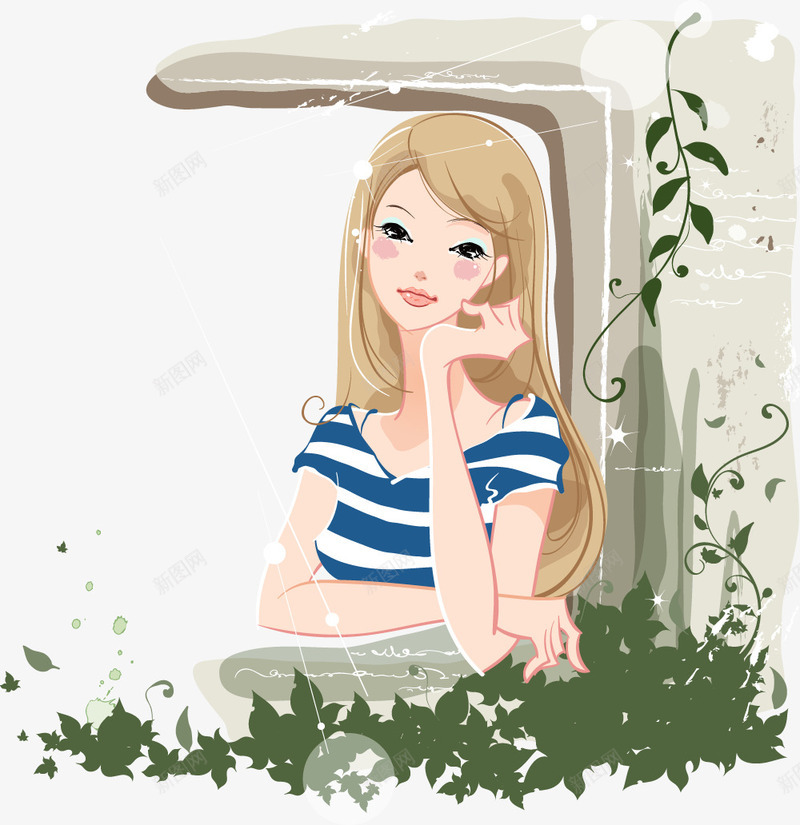 手托腮的美女png免抠素材_新图网 https://ixintu.com 女孩 手托腮的美女矢量图 矢量美女 美女 蓝色条纹美女 藤条