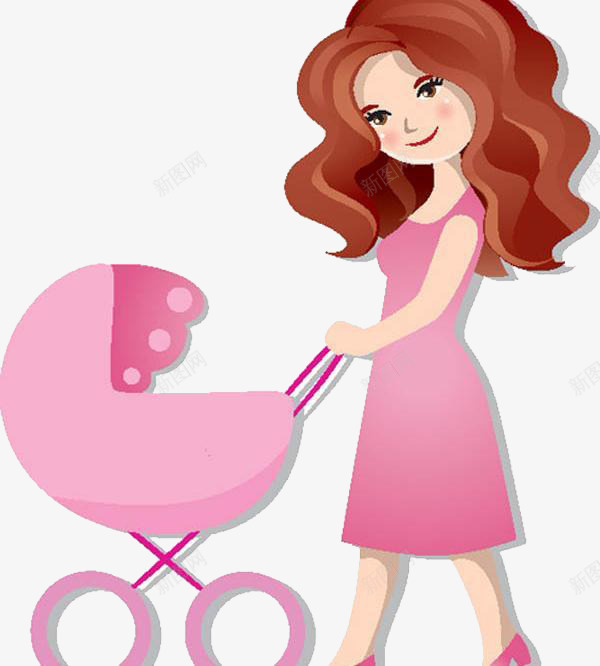 推婴儿车的妈妈png免抠素材_新图网 https://ixintu.com 卡通 妈妈 婴儿车 手绘 粉色