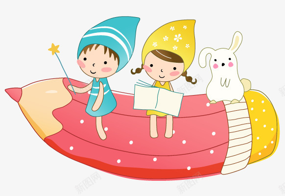 手绘卡通笔上坐着小精灵png免抠素材_新图网 https://ixintu.com 儿童 小孩 小精灵 狗 笔
