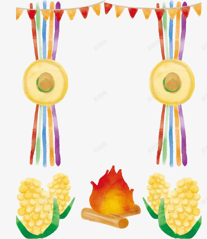 水彩玉米篝火png免抠素材_新图网 https://ixintu.com 派对彩旗 矢量素材 篝火堆 草帽 金色玉米