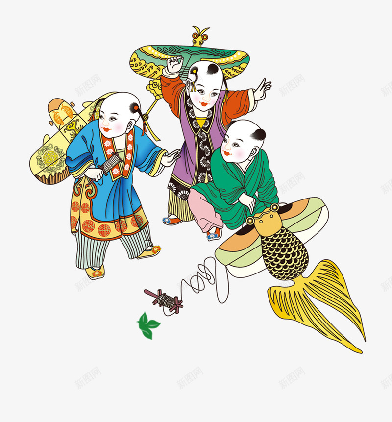 年画放风筝psd免抠素材_新图网 https://ixintu.com 小孩子 年画 童趣 风筝