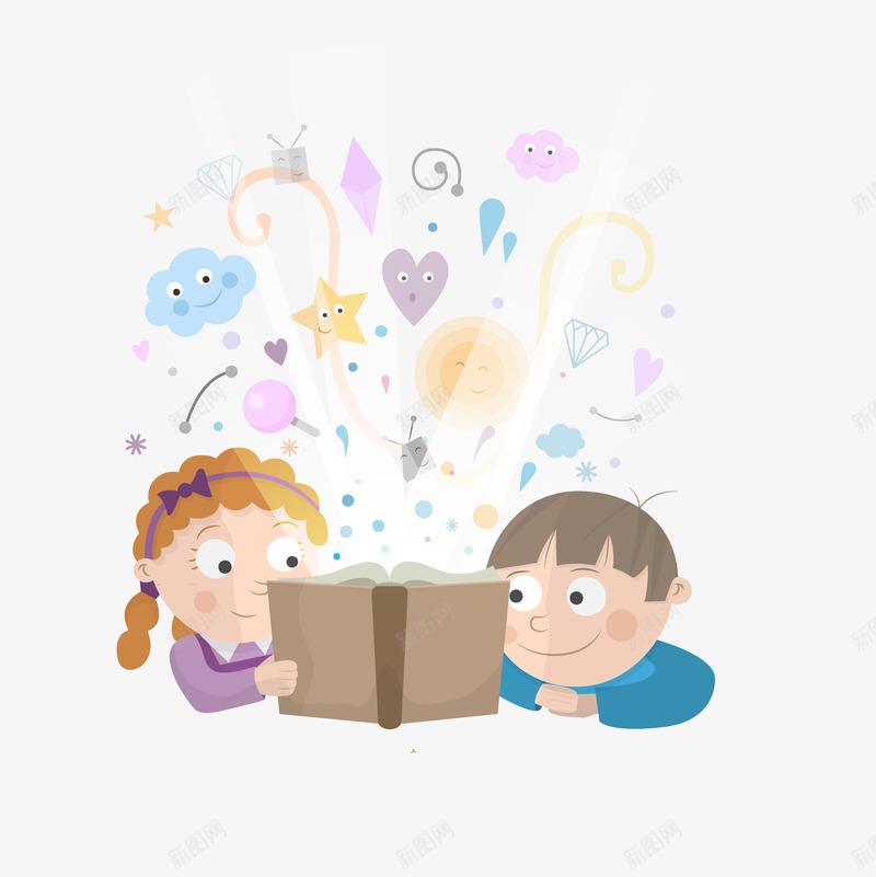 看童话书的男孩和女孩矢量图ai免抠素材_新图网 https://ixintu.com 书 卡通 插画 童趣 绘本 矢量图