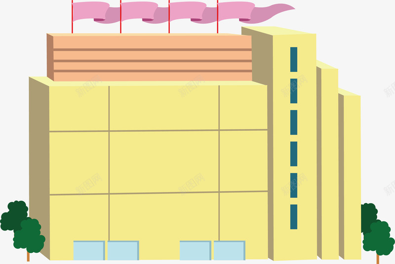 彩旗楼房png免抠素材_新图网 https://ixintu.com 卡通 居民区剪影 彩旗 科技楼 科技楼房 科技楼梯 高楼