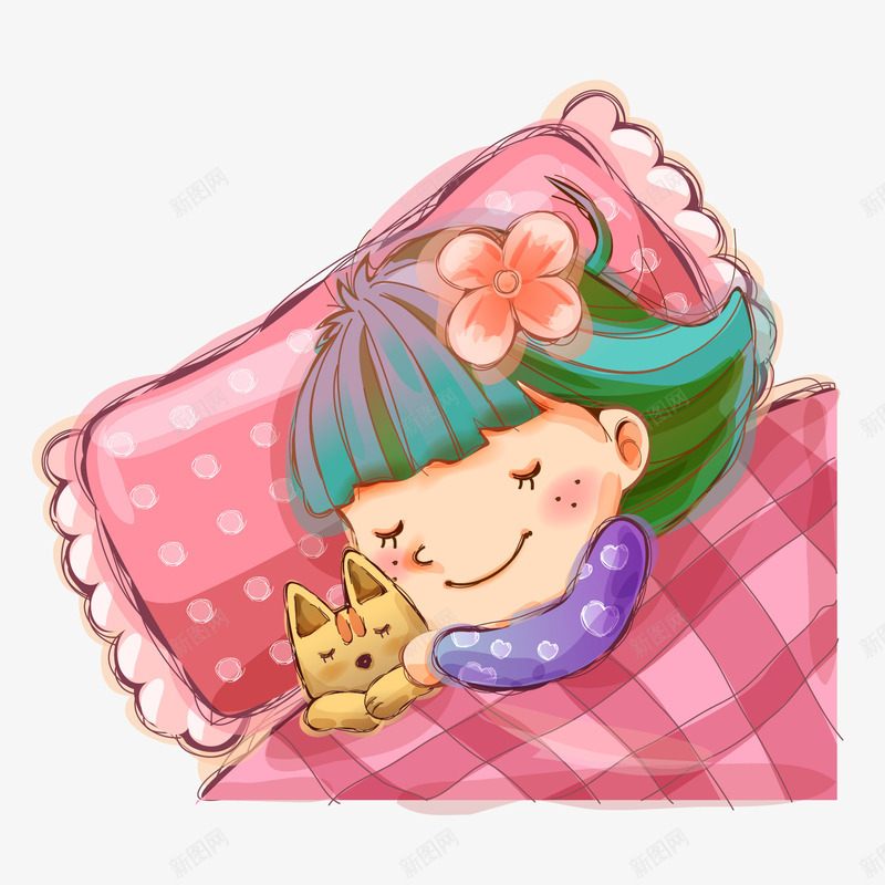 睡觉的小女孩矢量图ai免抠素材_新图网 https://ixintu.com 卡通 小孩 小狗 熟睡少女 睡觉 矢量图