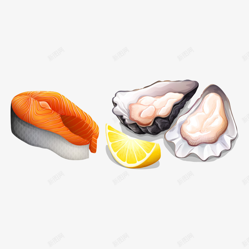 海鲜水产png免抠素材_新图网 https://ixintu.com 柠檬 水产 海鲜 美食 蚌壳 食物 鱼肉