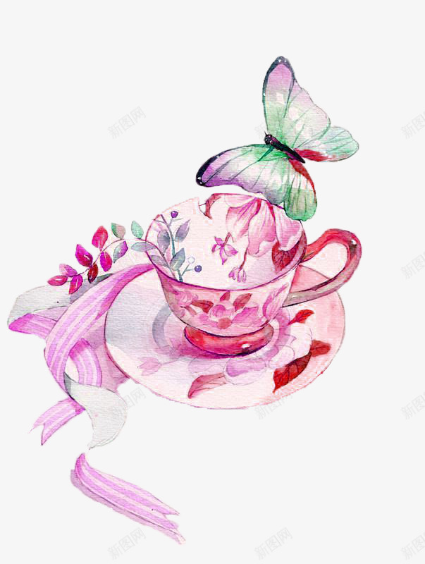 咖啡杯png免抠素材_新图网 https://ixintu.com 咖啡杯 碟子 花枝 蝴蝶