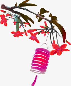红色中国风灯笼花枝装饰图案素材