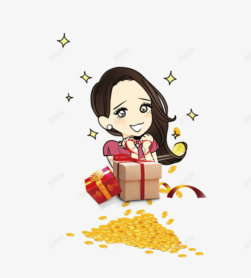 可爱女孩头像金子png免抠素材_新图网 https://ixintu.com 可爱手绘女孩 星星 金子 金币