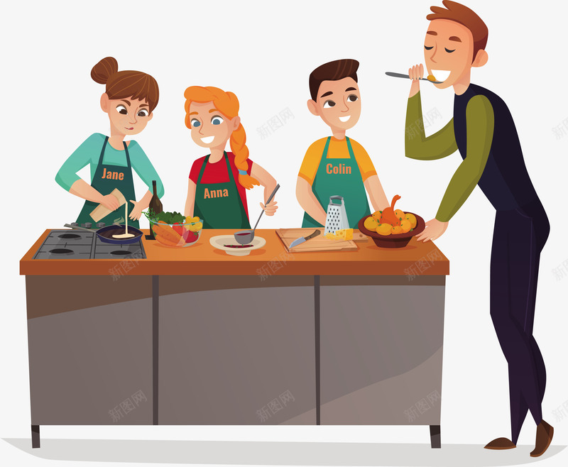 与孩子一起做食物矢量图eps免抠素材_新图网 https://ixintu.com 一家人做饭 一起做饭 吃的 家庭 矢量美食 食物 矢量图