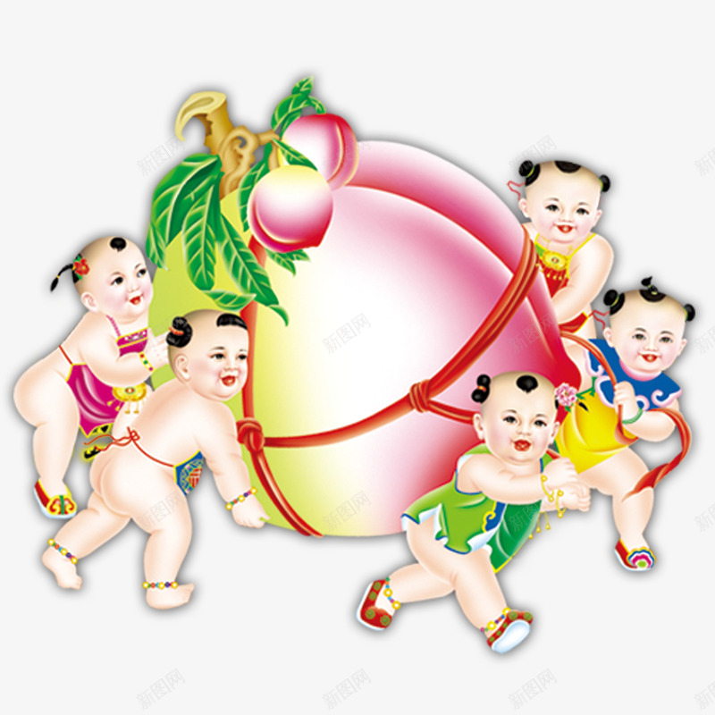 五子送寿png免抠素材_新图网 https://ixintu.com 五子 五子送寿 年画宝宝 桃子