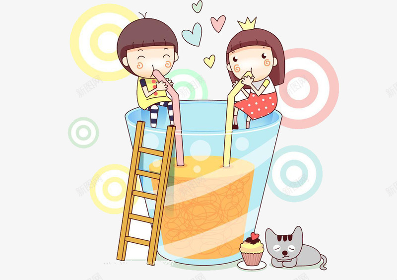 两个人喝饮料png免抠素材_新图网 https://ixintu.com 吸管 女生 小猫 杯子 梯子 爱心 爱情 男生 蛋糕 饮料