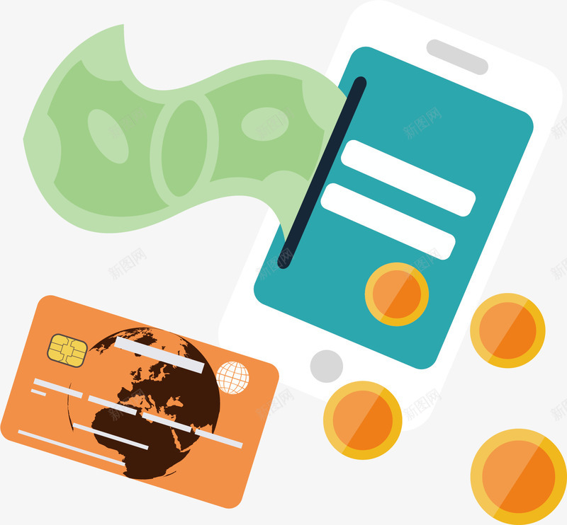 现代金融服务矢量图ai免抠素材_新图网 https://ixintu.com 卡通 原创 手绘 矢量图 背面银行卡 蓝色 金币 钞票 银行卡