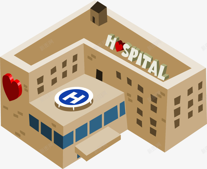 卡通黄色医院大楼png免抠素材_新图网 https://ixintu.com hospital 医院大楼 医院建筑 卡通医院 红色爱心 黄色大楼