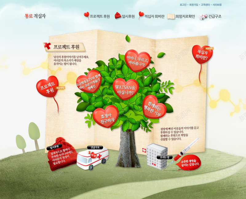 韩国医疗健康网页png免抠素材_新图网 https://ixintu.com 健康教育 医疗健康 医院 医院宣传 可爱卡通 宣传 广告 手绘树 救护车 海报 红心 韩国网页