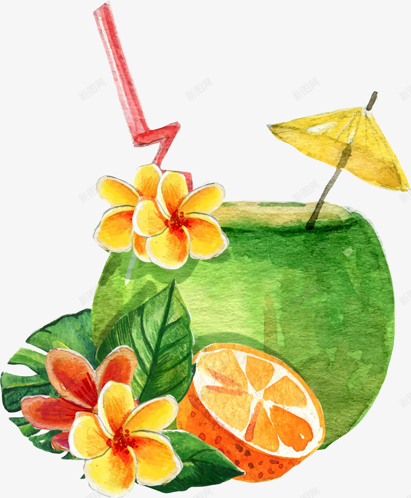 手绘夏日特饮png免抠素材_新图网 https://ixintu.com 夏日特饮 手绘 椰子 椰汁 橙子 水果 鸡蛋花