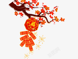 红色中国风花枝鞭炮装饰图案素材