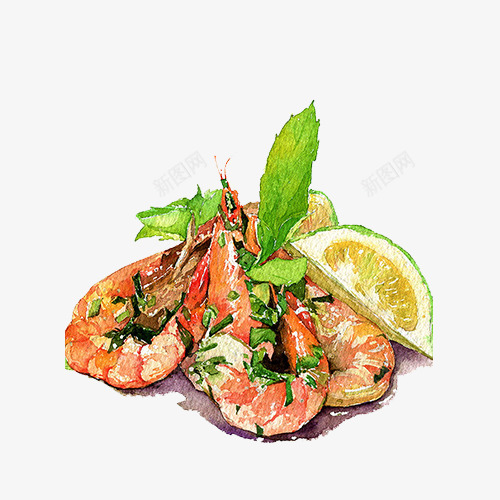 水彩暴炒大虾png免抠素材_新图网 https://ixintu.com 柠檬虾 水彩画 虾 虾仁