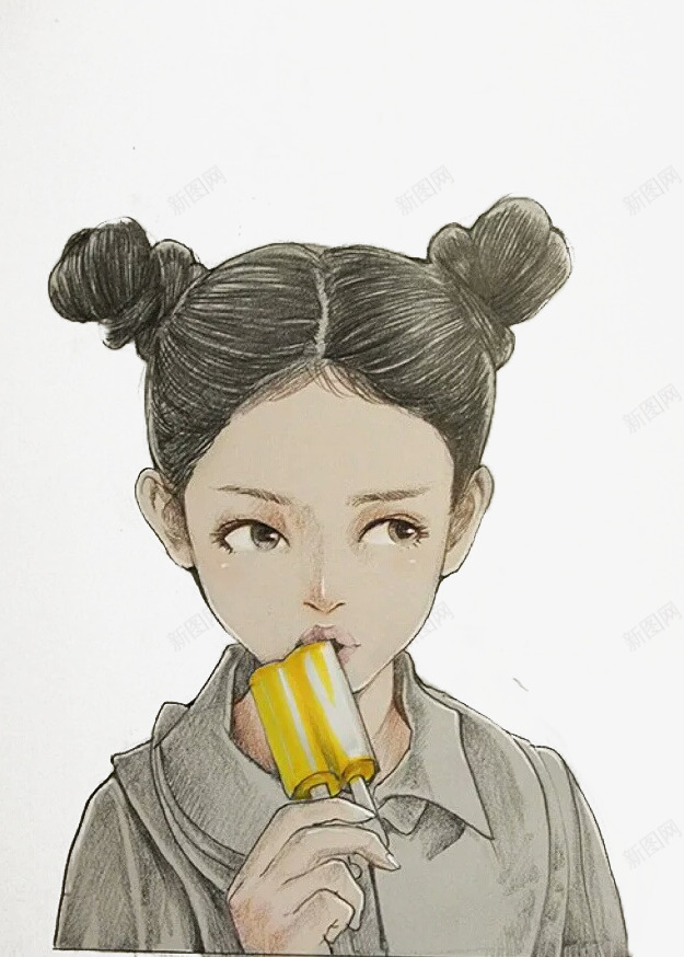 手绘清新吃冰棍丸子头少女png免抠素材_新图网 https://ixintu.com 冰棍 冰淇淋 冷饮 双丸子头 夏日 少女 清新