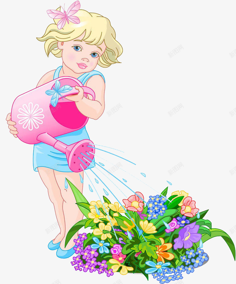 手绘花洒浇水png免抠素材_新图网 https://ixintu.com 卡通 园艺 女孩子 浇水 花卉 花洒 花洒喷水