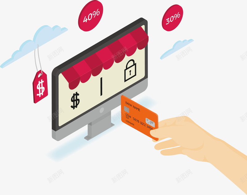 刷款付款购物矢量图eps免抠素材_新图网 https://ixintu.com 信用卡 手拿卡片 打折海报 电商促销 电脑 矢量png 矢量图