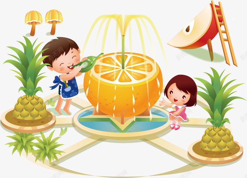 水果喷泉矢量图ai免抠素材_新图网 https://ixintu.com 喷泉 女孩 柠檬 水果 男孩 菠萝 矢量图