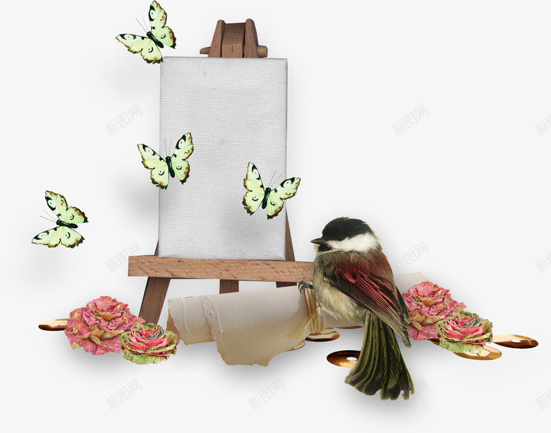小鸟蝴蝶画板画架png免抠素材_新图网 https://ixintu.com 小鸟 画架 花枝 花瓣 蝴蝶