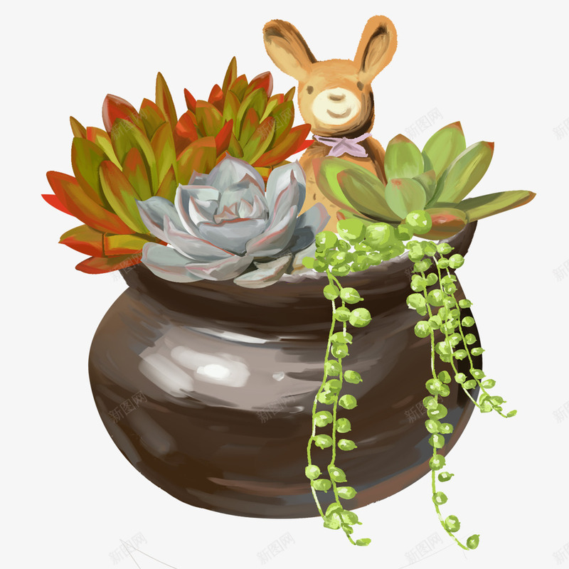 手绘植物盆栽多肉png免抠素材_新图网 https://ixintu.com 办公室装饰 多肉植物 小熊 居家装饰 盆栽 绿色植物