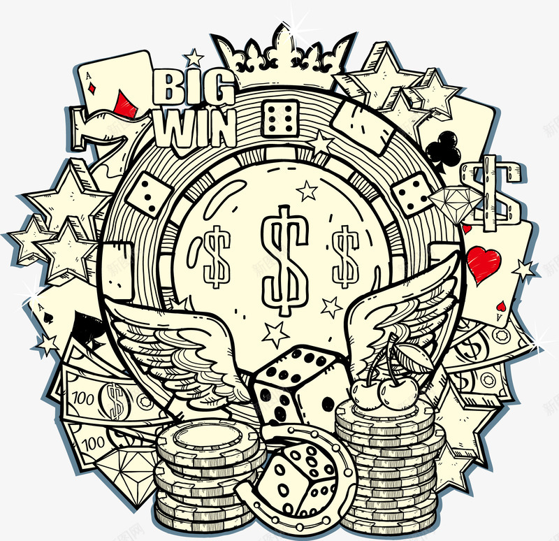 手绘色子扑克牌等赌场元素矢量图eps免抠素材_新图网 https://ixintu.com T恤图案 素描 赌场元素 矢量图