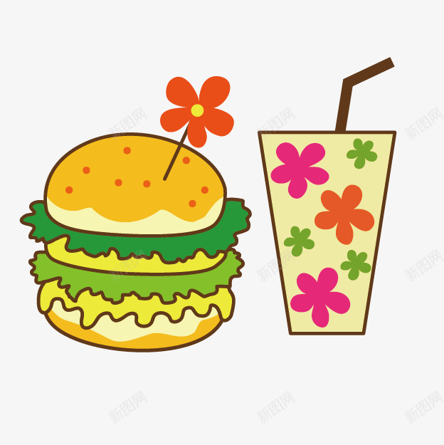 布偶浪漫汉堡饮料png免抠素材_新图网 https://ixintu.com 人物 儿童画 创意图片 卡通 卡通图 手绘 汉堡饮料 花 装饰