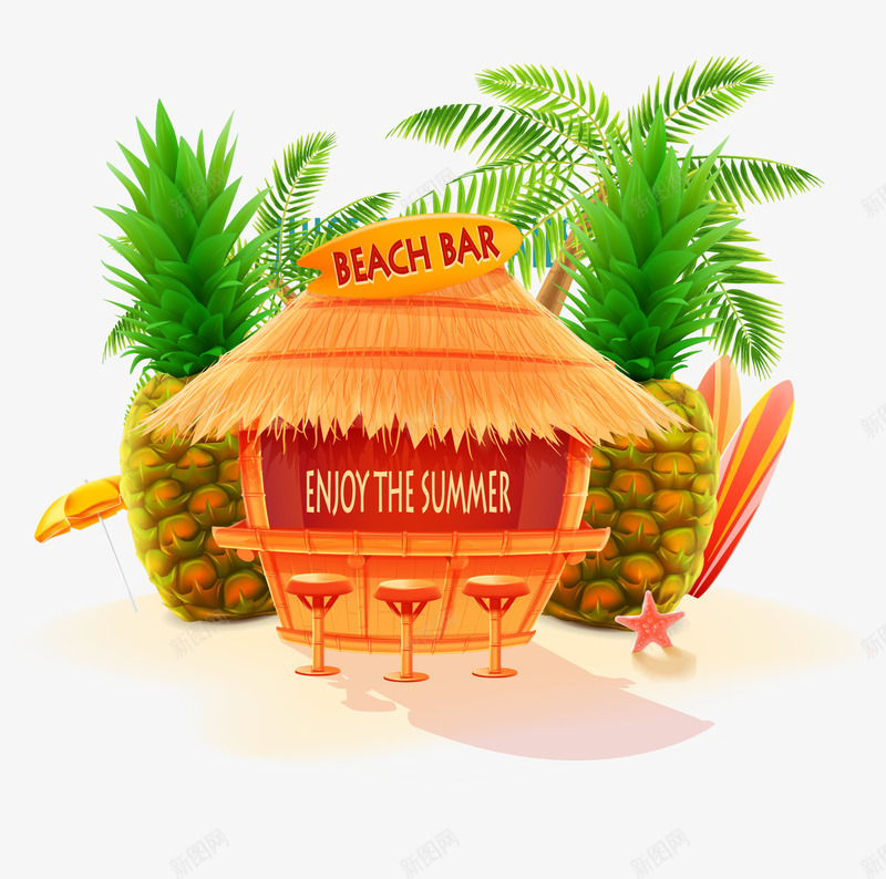 享受沙滩夏日png免抠素材_新图网 https://ixintu.com 卡通 夏日 沙滩 草屋 菠萝 黄色草屋