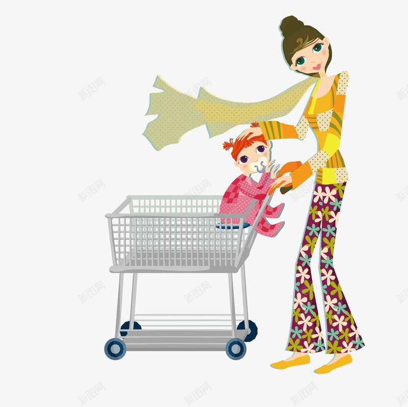 推放婴儿购物车的妈妈矢量图ai免抠素材_新图网 https://ixintu.com 妈妈 婴儿 购物车 矢量图