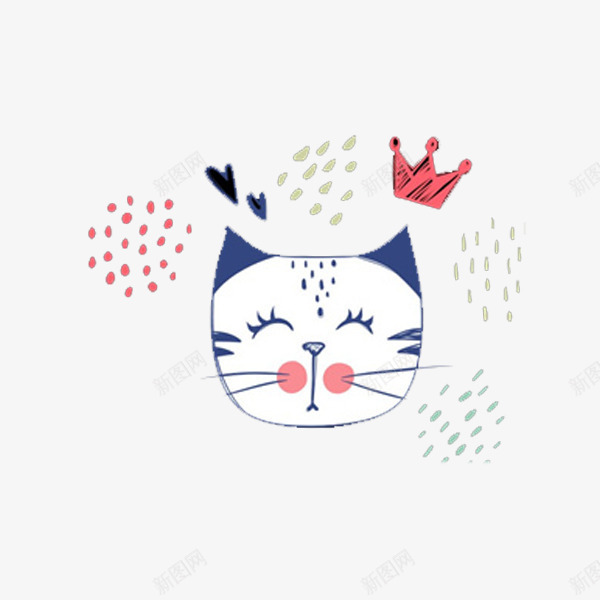 闭眼猫咪png免抠素材_新图网 https://ixintu.com 可爱 手绘 散落 斑点 爱心 猫咪头像 粉色王冠