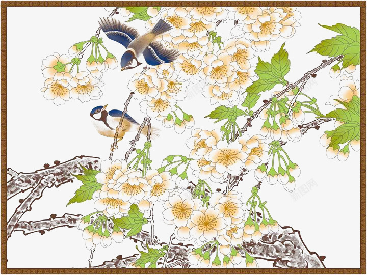 一对情侣鸟花枝上的幸福生活png免抠素材_新图网 https://ixintu.com 喜上枝头 喜悦 开心 黄色花
